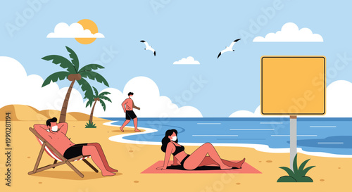 People wearing protective face masks while sunbathing and walking on a sandy beach during a summer pandemic holiday.