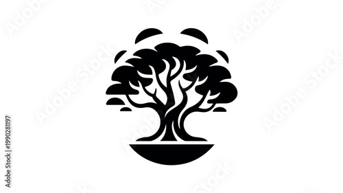 A sturdy black and white logo features a stylized, robust tree with a full canopy and visible roots, set within a semicircular base.