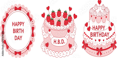 Cute collection of pink and red happy birthday cakes with strawberries hearts and ribbons in a charming vintage vector style for party invitations and celebratory designs.