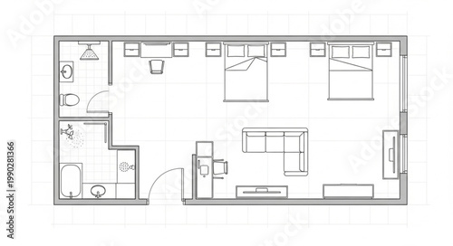 Architectural floor plan of a modern studio apartment layout.