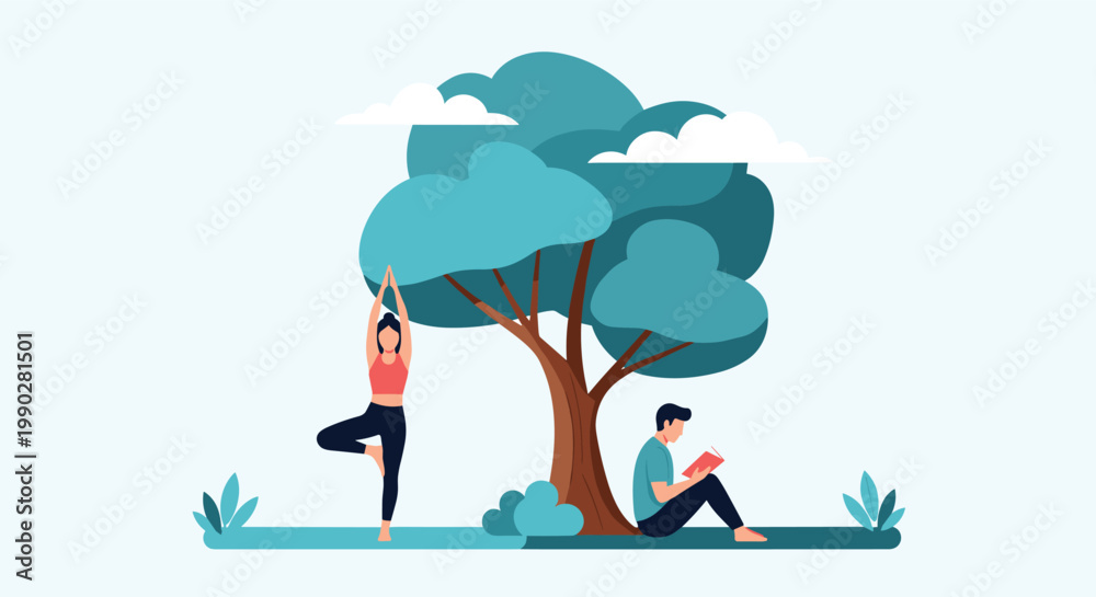 Fototapeta premium Woman practicing yoga and a man reading a book under a large shade tree in a peaceful and quiet outdoor setting.