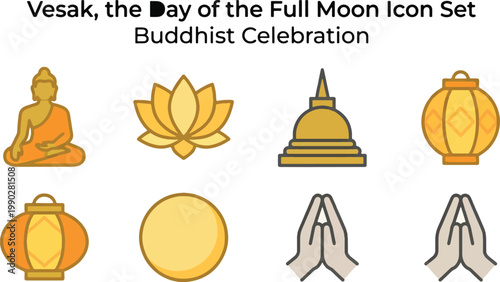 Vesak Day icon set featuring Buddha, lotus flower, temple, lantern, and praying hands representing Buddhist celebration and spiritual traditions.
