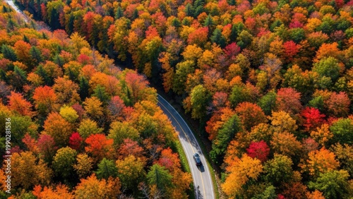 Aerial view of a winding road through a vibrant autumn forest