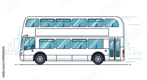 Side view of a white double decker bus with many windows and an empty advertising panel against a simple city outline.