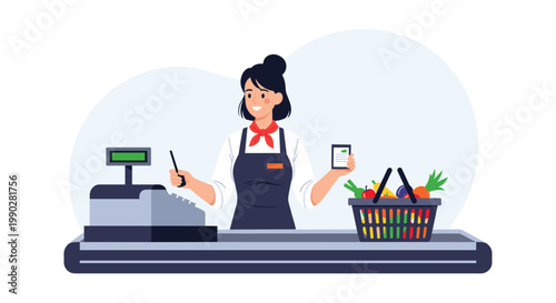 Friendly female supermarket cashier scanning items at a checkout counter with a basket full of fresh colorful groceries.