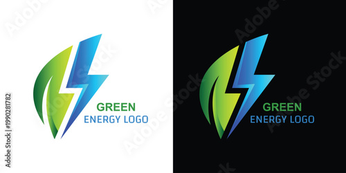 Green energy logo with green leaf and lightning bolt, minimalistic logo 