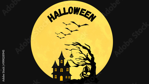 Halloween spooky night silhouette with haunted house and bats
