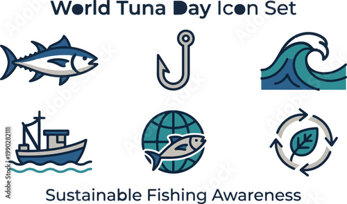 World Tuna Day icon set featuring tuna fish, fishing hook, ocean wave, boat, and sustainability symbols representing marine conservation and fishing awareness.
