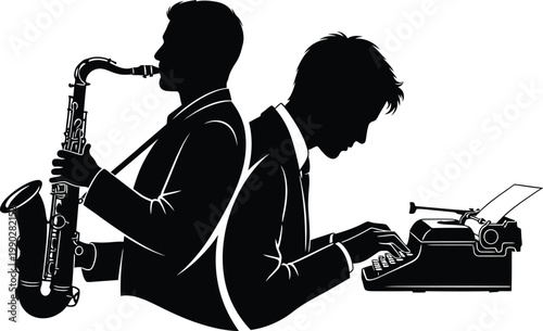 Silhouette Musicians Saxophone Player and Typist in Suits