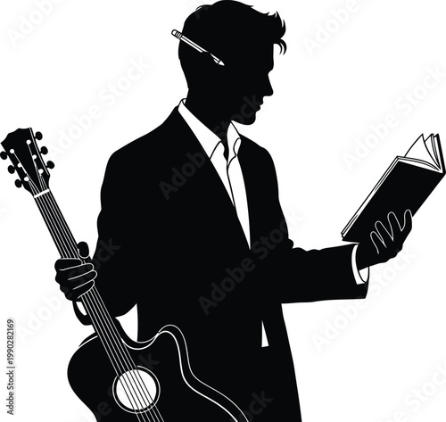 Silhouette Man Reading Book Holding Guitar Pencil Behind Ear