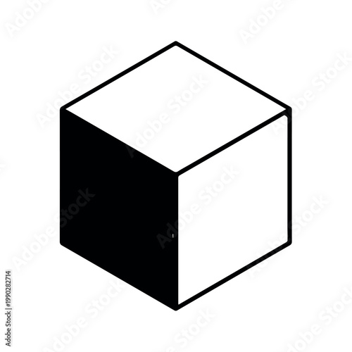 A minimalist isometric illustration of a solid black cube with a white outline, representing a geometric concept or building block.