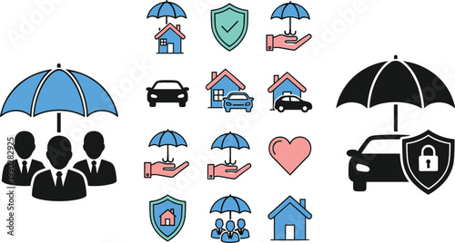 Insurance icon set featuring property protection car coverage life health and family security concepts with umbrellas and shields in flat vector style.