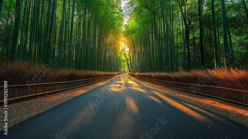 An Open Asphalt Road Through A Dense Bamboo Forest With Golden Sunlight Streaming Through The Trees