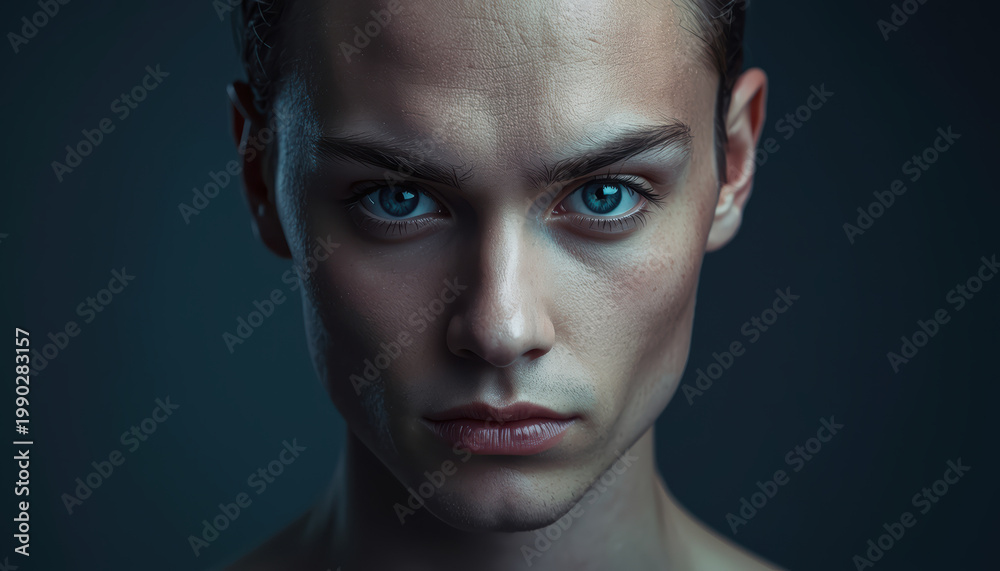 Obraz premium Young woman portrait with intense blue eyes and soft dramatic lighting
