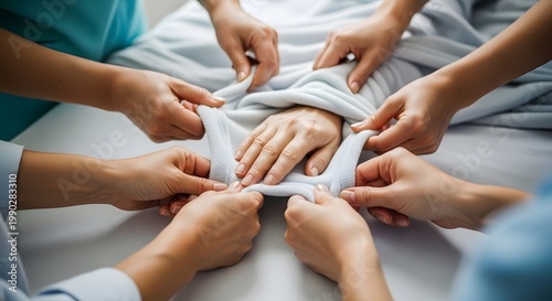 A group of caring hands gently holding and supporting a patient's hands offering comfort and hope