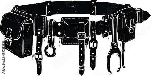 Black Leather Tool Belt with Pouches and Tools