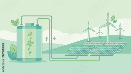 Renewable energy storage concept with solar panels wind turbines and battery system showing clean power supply sustainable energy grid and eco technology