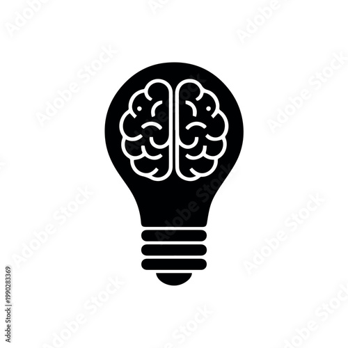 A conceptual black and white illustration of a lightbulb filled with a human brain, representing ideas, intelligence, and innovation.