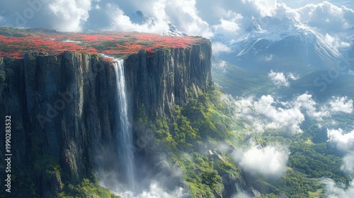 Majestic Waterfall Cascades Down Verdant Cliff Edge Covered In Red Flowers And Lush Greenery Amidst