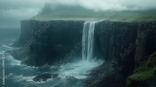 Misty Waterfall Cascades Down Dark Volcanic Cliffs Into The Ocean Below Lush Greenery Above
