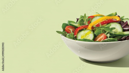 Fresh vegetable salad in a white bowl on a light green background