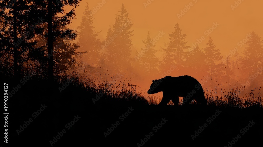 Naklejka premium Bear silhouette walking in misty forest at sunset, wild animal in natural habitat.