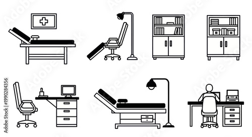 Black and white medical clinic furniture icon set, examination bed, waiting chair, cabinet, doctor desk, hospital room icons