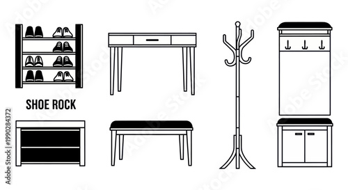 Black and white entryway furniture icon set, shoe rack, console table, coat stand, bench, hallway storage, clean line style