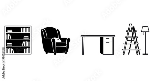 Black and white library furniture icon set, bookshelf, reading chair, study desk, ladder shelf, floor lamp, clean line icons