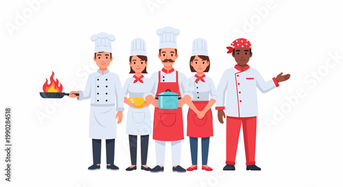 Five diverse cartoon chefs in uniform, holding cooking utensils, standing together.