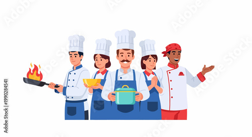 A diverse team of five professional chefs in uniform holding cooking utensils, ready to prepare delicious food in a kitchen setting.