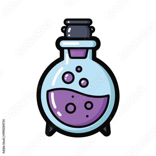 Cartoon Potion Bottle with Bubbles and Purple Liquid.