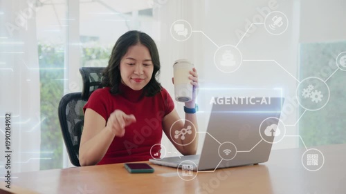 Young asian woman happy smile using search on phone Agent AI app retail shop store pay buy at home Modern Agentic bot order assisted people easy booking hotel ticket vacation smart life virtual wallet