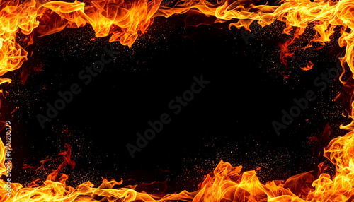flames forming a fiery abstract natural frame on black background