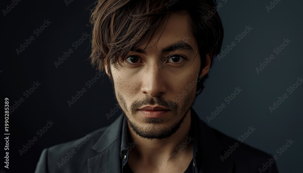 Obraz premium Young man with intense gaze and soft film grain portrait