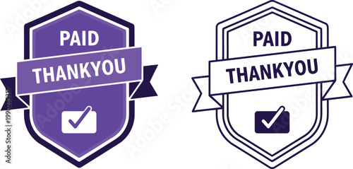 Purple Paid Thank You Badge Icons with Check Mark for Payment Confirmation and Invoice Approval