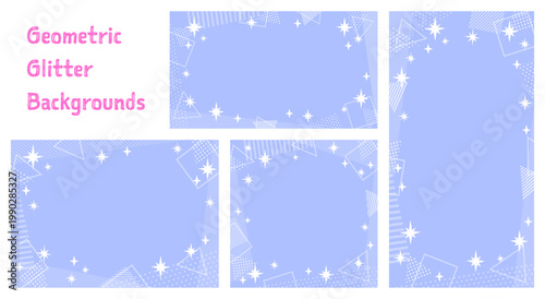 おしゃれな幾何学模様の背景セット。パープルブルーのキラキラ・ドット・ストライプのフレーム。