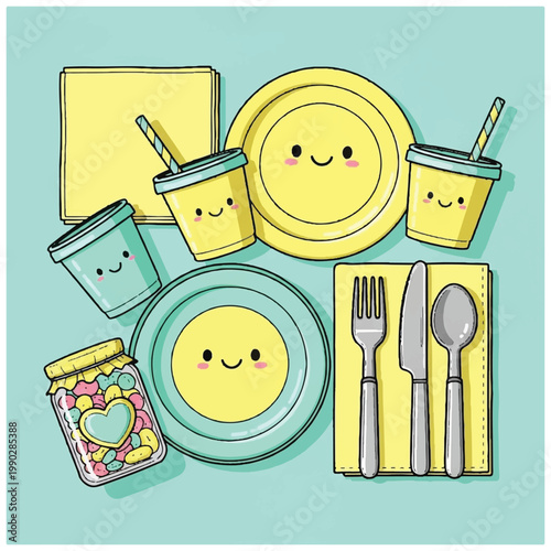 Colorful smiling dishware and utensils.