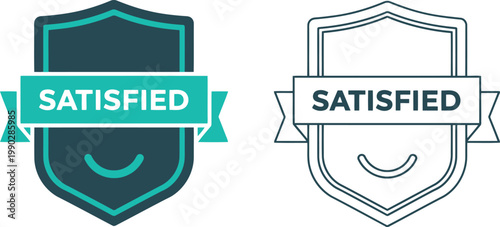 Satisfied badge icons set, flat and outline style, customer satisfaction guarantee label design