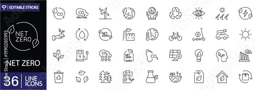 Net zero icons set. Includes symbols of carbon neutrality, renewable energy, sustainability, climate action, emissions reduction, and green technology. Editable stroke. Vector illustration.