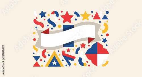 Festive abstract illustration featuring a central blank ribbon banner amidst a lively burst of colorful geometric shapes, stars, and confetti, perfect for celebratory event designs