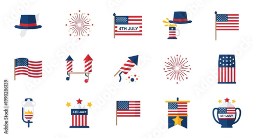 Diverse vector icon set for patriotic celebrations, featuring national flags, festive fireworks, and traditional symbols ideal for independence day events and holiday commemorations
