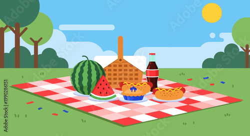 Enjoying a delicious summer picnic with watermelon, hot dogs, pie, and cola on a checkered blanket in a park under a sunny sky with confetti