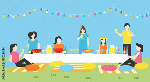 Enjoying a delightful outdoor picnic party with friends and family, feasting on delicious food and drinks under a string of festive lights on a sunny day