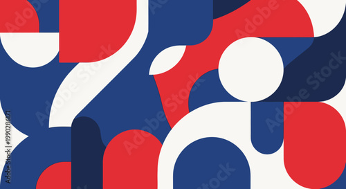 Dynamic abstract geometric pattern with vibrant red, blue, and white shapes. Modern artistic concept for contemporary graphic design backgrounds