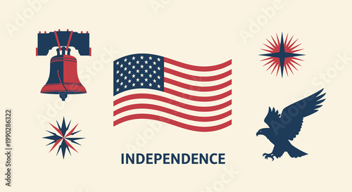 Illustrative set of patriotic symbols of freedom, including a waving flag, the iconic Liberty Bell, and a majestic eagle, celebrating national pride and independence