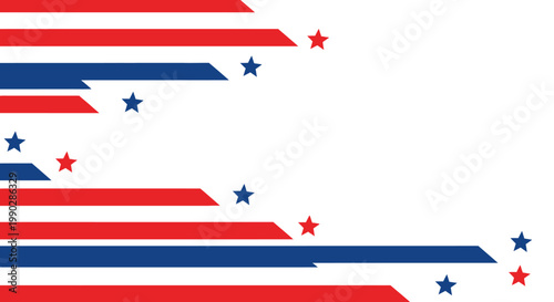 Dynamic patriotic background with abstract red and blue stripes and scattered stars, perfect for Fourth of July celebrations, national holidays, and American-themed promotions and events