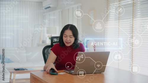 Young asian woman happy smile using search on phone Agent AI app retail shop store pay buy at home Modern Agentic bot order assisted people easy booking hotel ticket vacation smart life virtual wallet