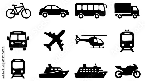 Vector illustration of various modes of transportation, including cars, planes, and boats, for web and print use