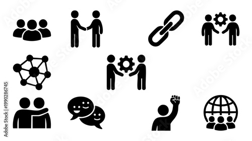 Vector illustration of team collaboration, networking, and communication icons representing business and social connections